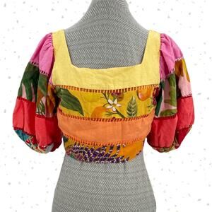 FARM Rio Crop Top Rainbow Tropical Bright Tiered Linen Blend Summer Shirt Size M